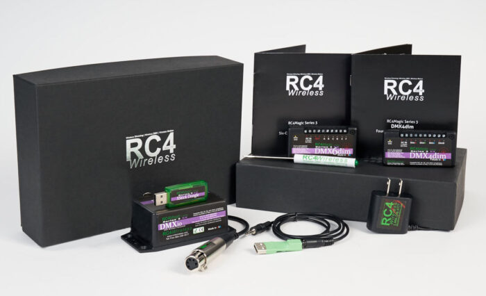 Wireless DMX RC4Magic kit ten channels P10101: DMXio, DMx6dim, Dmx4dim, USB Dongle, Codeloader cable, DMX-Out Adaptor