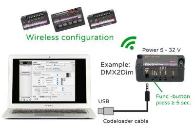 Wireless configuration of RC4 Magic 2.4 GHz dimmer using the codeloader cable - dongle mode with any Magic dimmer and Commander software