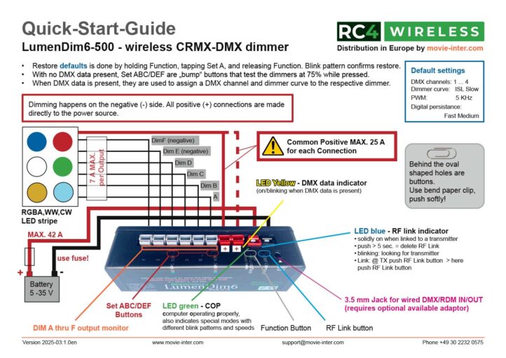 LumenDim6 wireless 6-channel Lumenradio CRMX/W-DMX dimmer Quick-Start-Guide for RC4 Wireless