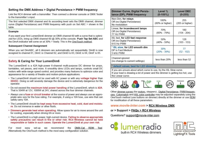 LumenDim6 wireless 6-channel Lumenradio CRMX/W-DMX dimmer Quick-Start-Guide for RC4 Wireless