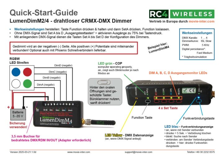 LumenDimM2/4 drahtloser 2/4-Kanal Lumenradio CRMX/W-DMX dimmer Quick-Start-Guide for RC4 Wireless